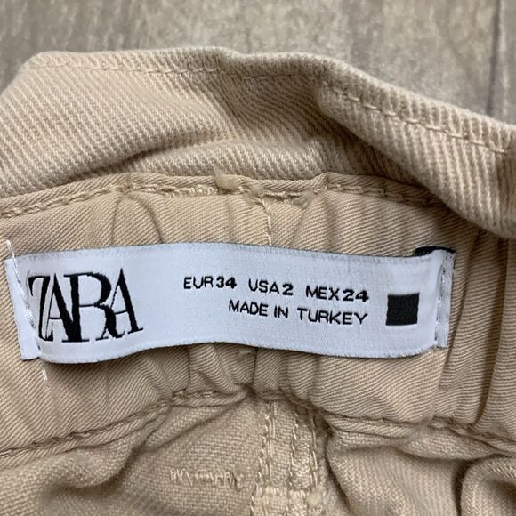 Womens Zara Paperbag Button Fly Baggy Loose Fit High Rise Khaki Ankle Pants - Picture 6 of 8